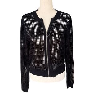 Ultra Flirt Womens Lightweight Open Weave Long Sleeve Zip-Up Cardigan Black Med